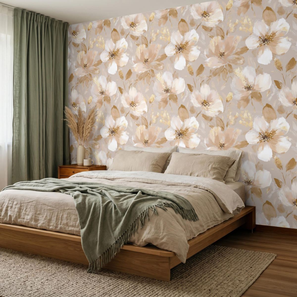 TAPETE - Blumen - künstlerisch - Gold - 280x200 cm - Beige, Papier (280/200cm) - OnlyWow