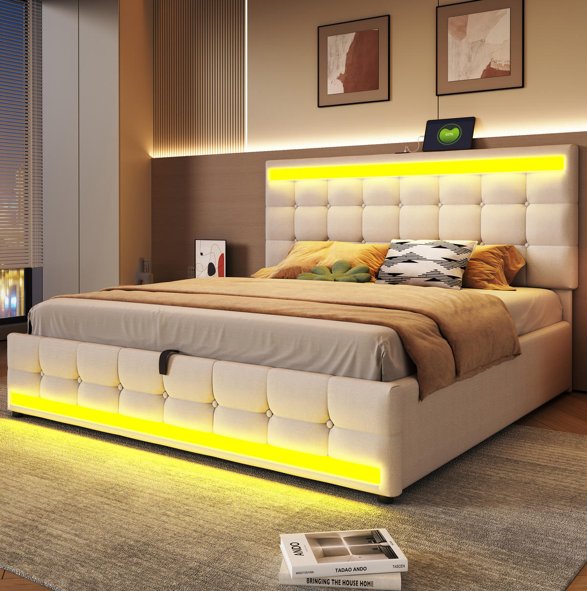 POLSTERBETT aus Leinenstoff 180x200 cm in Beige mit RGB-LED & 2 USB-Anschlüssen - Beige, Textil (180/200cm) - Modfu