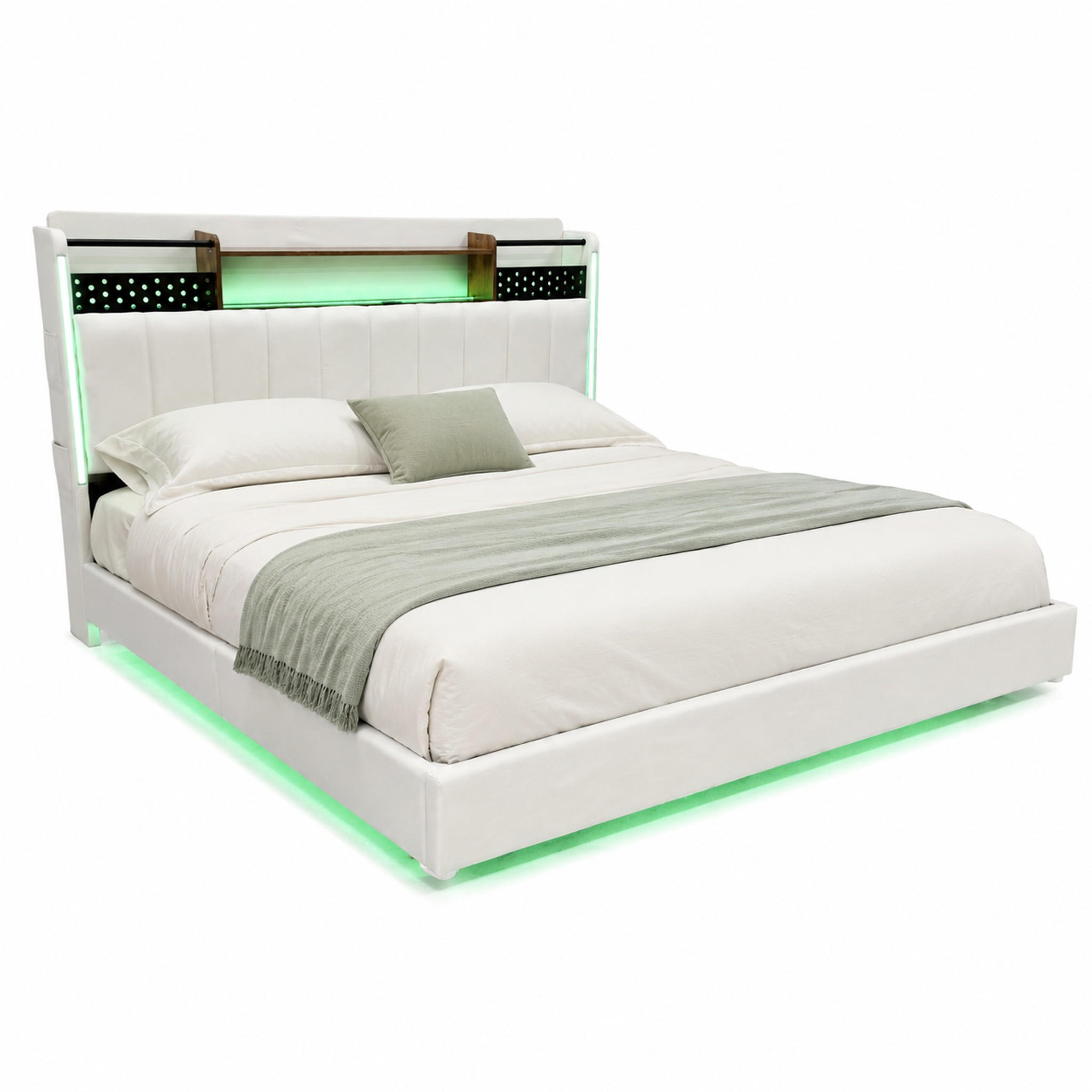 POLSTERBETT mit USB, LED und Stauraum 140x200 cm Leinenstoff Beige - Beige, Metall (140/200cm) - Meubliv