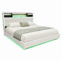 POLSTERBETT mit USB, LED und Stauraum 140x200 cm Leinenstoff Beige - Beige, Metall (140/200cm) - Meubliv