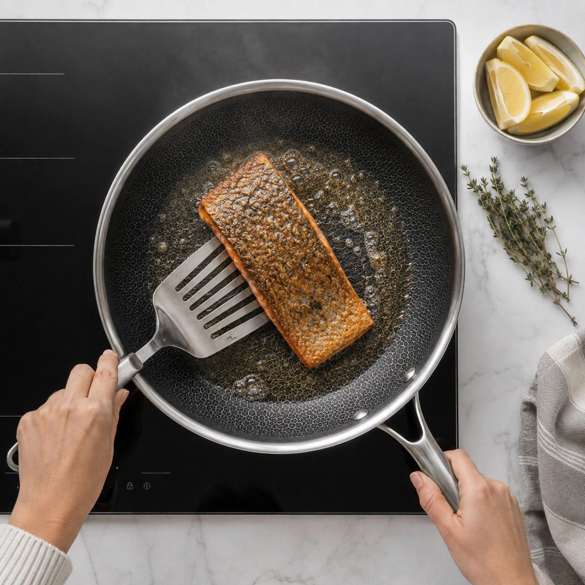 COOKINGLIFE Bratpfanne HexaCook Hybride Pfanne ø 24 cm - NON STICK - geeignet für alle Wärmequellen - keramische Antihaftbeschichtung - Grau, Metall (1/2/5cm) - Cookinglife