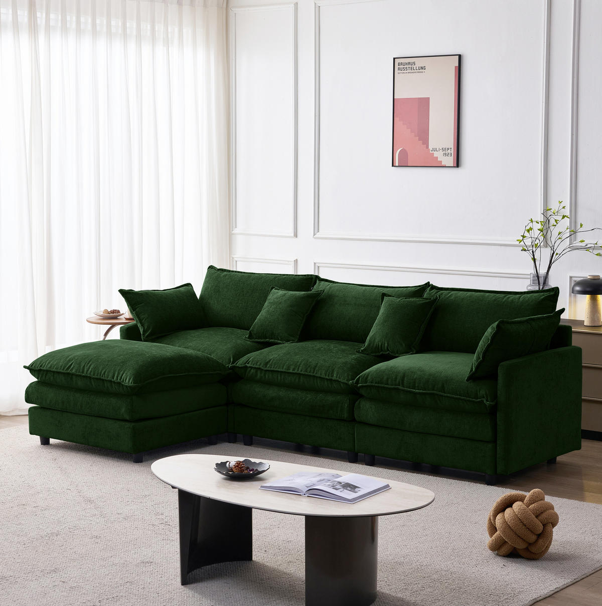 ECKSOFA 3-Sitzer mit Hocker, modulares Design und Chenille-Bezug, Grün - Grün, Textil (267/154cm) - Redom