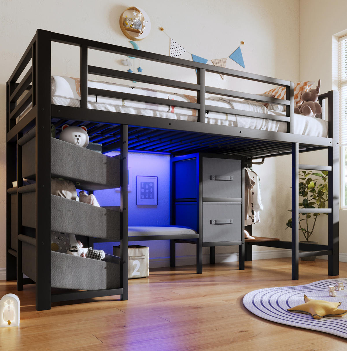 HOCHBETT 90/200 cm aus Metall mit LED-Beleuchtung und Stauraum, Schwarz - Schwarz, Metall (90/200cm) - Flora Grace