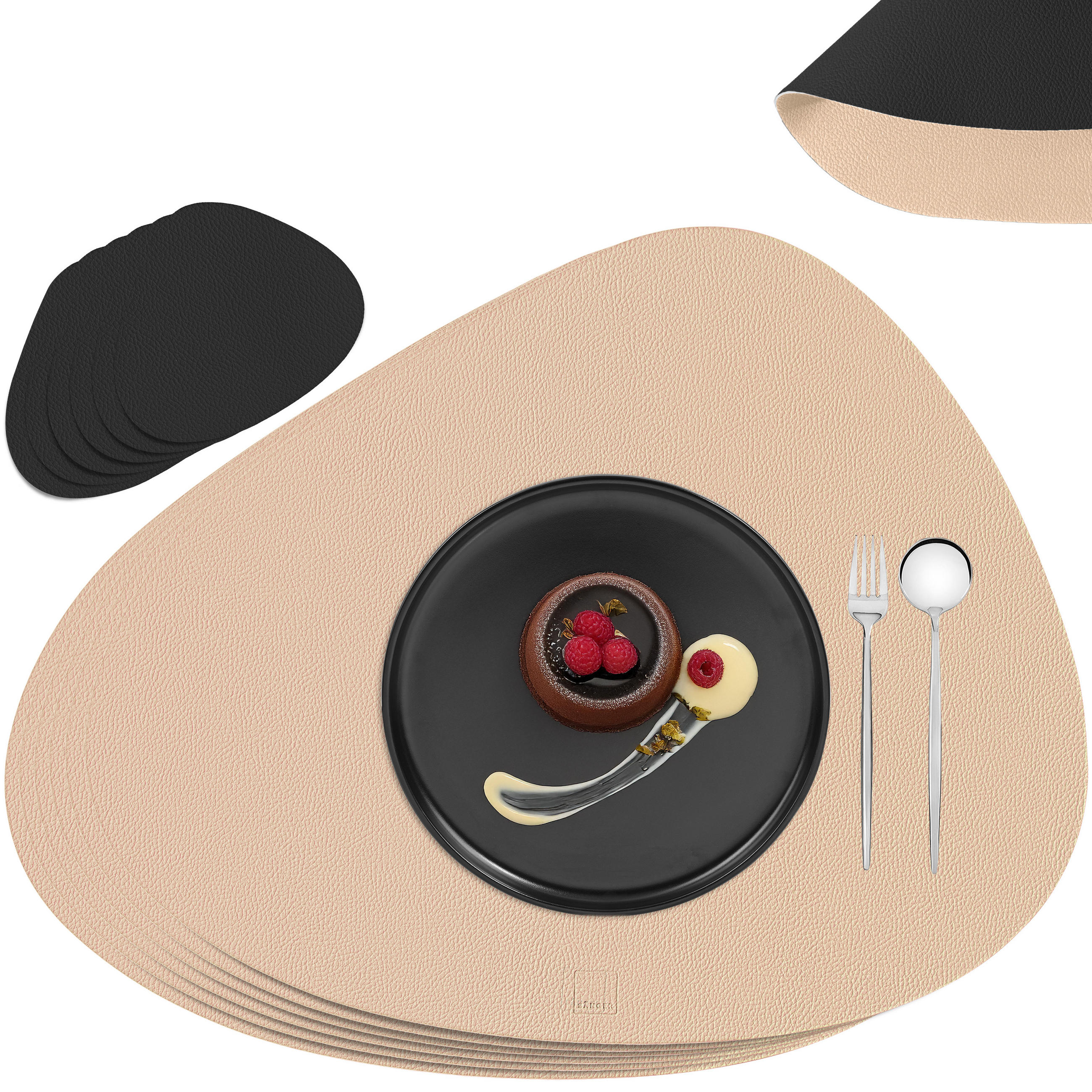 TISCHSET - Kunstleder - Doppelseitig - Schwarz/Beige - Organisch - 44x37cm - 12 Stück - Beige, Kunststoff (44/37cm) - Sänger