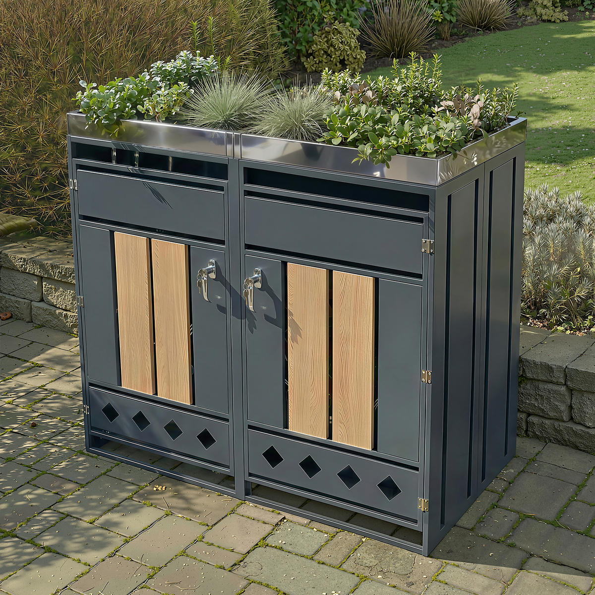 MÜLLTONNENBOX 2 Türen Holzoptik vertikal - Grau, Metall (132/124.5/80cm) - LEBENLANG