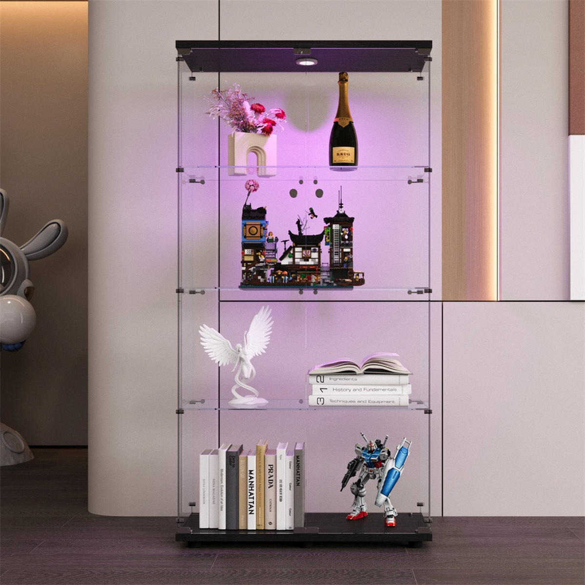 VITRINE mit LED Beleuchtung- Glaskvitrine mit 4 Ebenen und 2 Türen - für Wohnzimmer und Büro - Schwarz - Schwarz, Glas (80.49/163.9/36.49cm) - DELFA