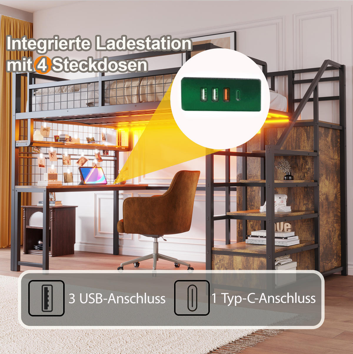 HOCHBETT 140/200 cm aus Metall und MDF mit Schreibtisch, Stauraumtreppe und Kleiderschrank Schwarz - Schwarz, Metall (140/200cm) - Modenvie