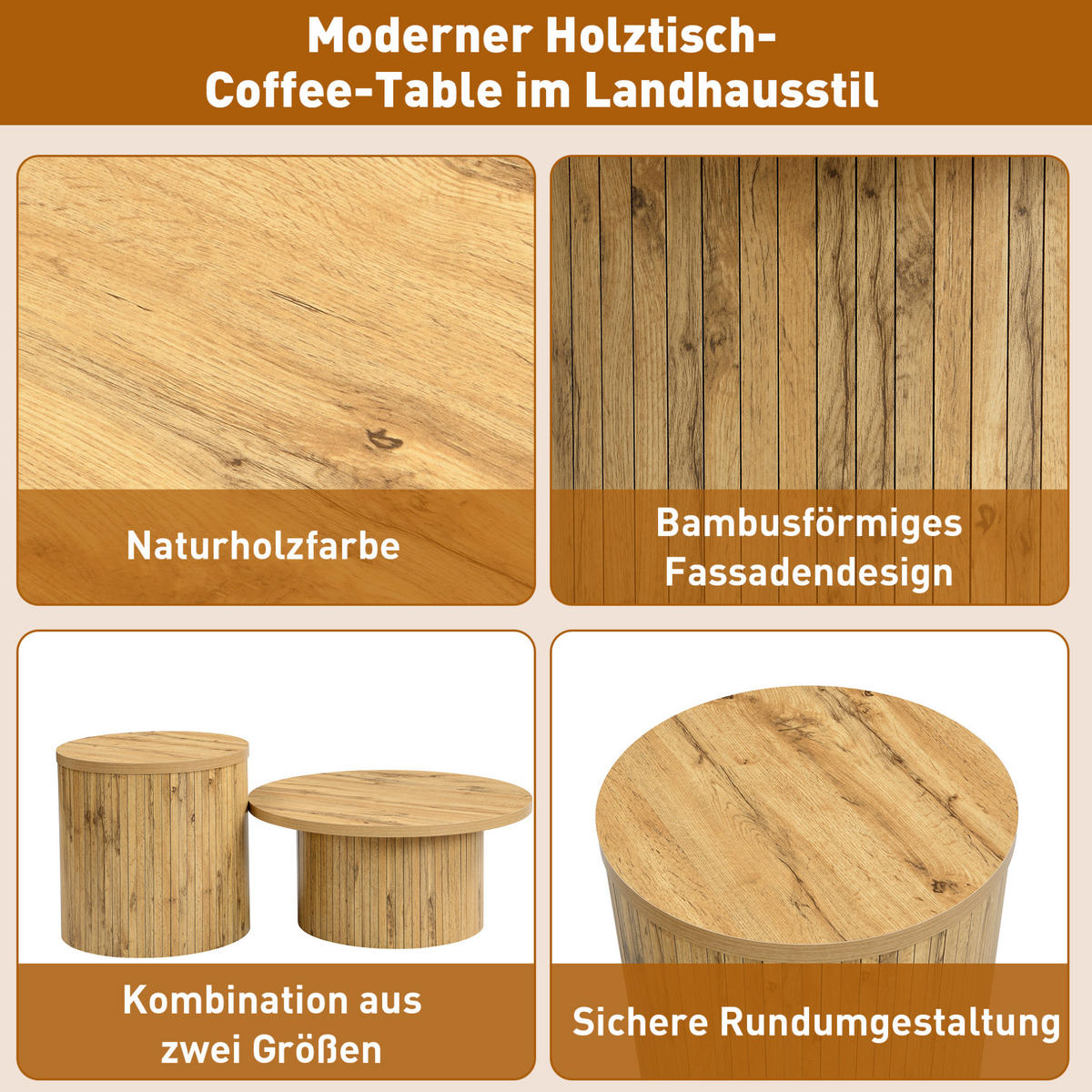 KLUB stolić set 75/75/36 i 50/50/50,5 cm prirodna boja od MDF-a s modularnim okruglim dizajnom - prirodne boje, drvni materijal (75/75/36cm) - OKWISH