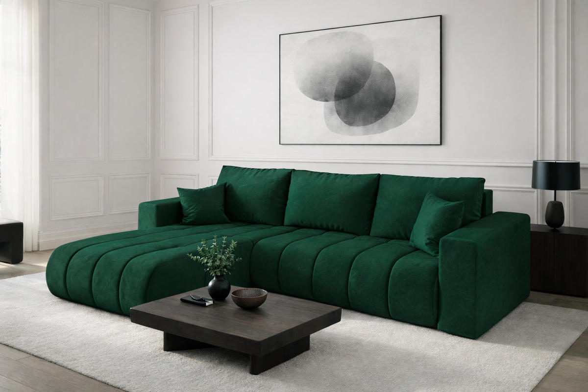 ECKSOFA mit schlaffunktion und bettkasten MILO PREMIUM, stoff MONOLITH, Grün, Links - Grün, Holz (280/190cm) - Kaiser Möbel