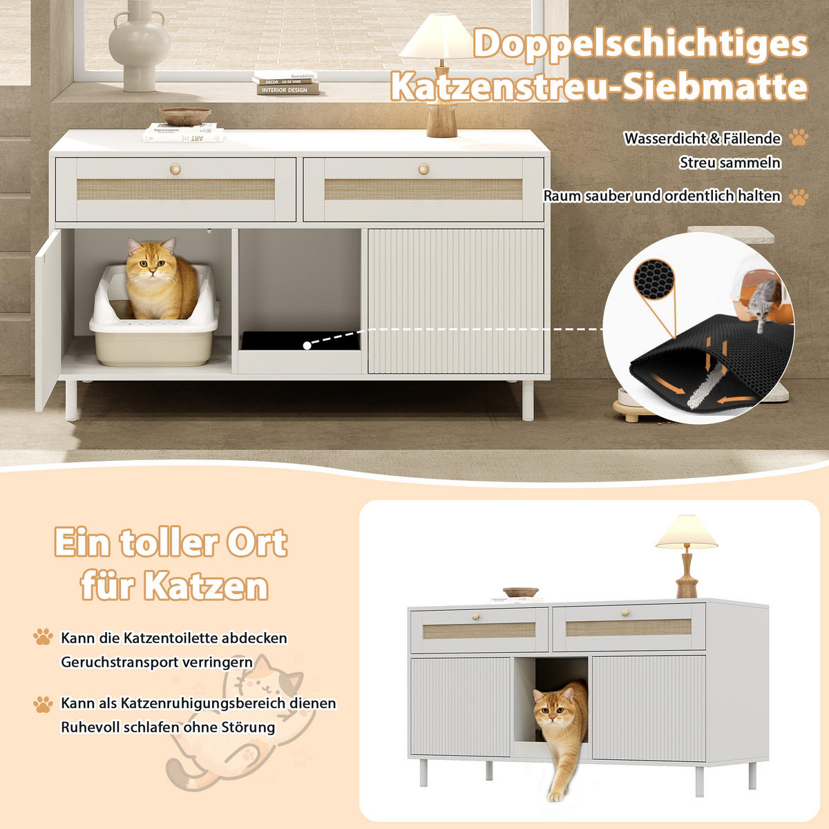 SIDEBOARD Weiß aus MDF 120×50×65cm als Katzentoilettenschrank mit Sandfangmatte und Schublade - Weiß, Holzwerkstoff (50/65/120cm) - Luhomfu
