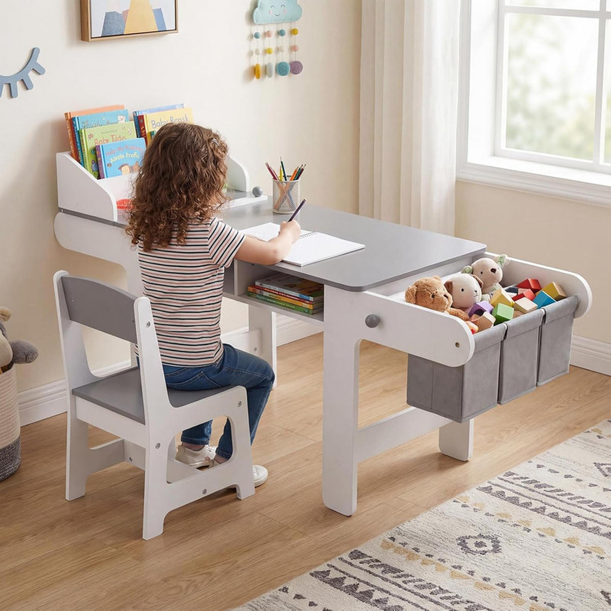 KINDERSCHREIBTISCH-SET mit Stauraum grau(2-tlg) - Grau, Holzwerkstoff (136/67/45.5cm) - COSTWAY