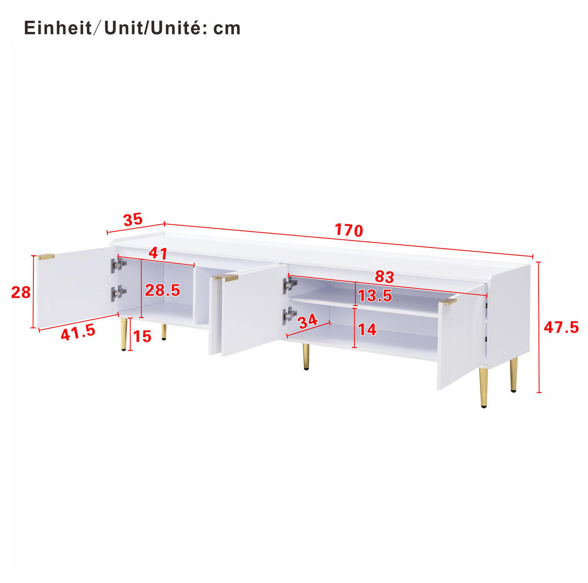 TV-LOWBOARD 170/35/47,5 cm weiß aus MDF mit Kabeldurchführung - Weiß, Holzwerkstoff (170/47.5/35cm) - OKWISH