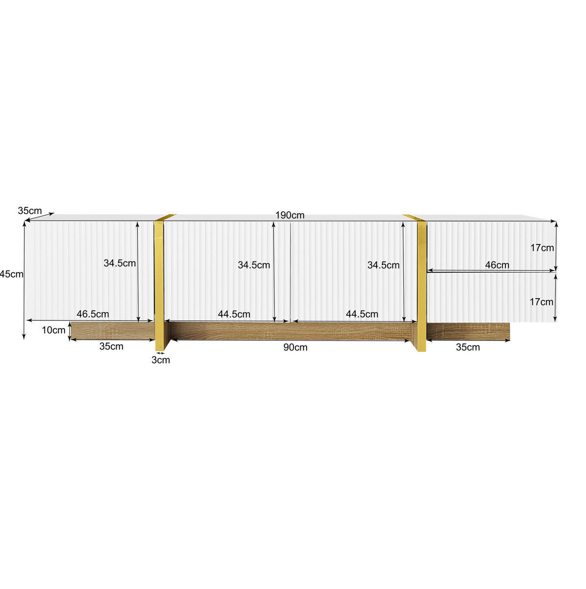 TV-LOWBOARD 190/35/45 cm mit 3 Türen und 2 Schubladen in Weiß - Weiß, Holzwerkstoff (190/45/35cm) - BEAOK