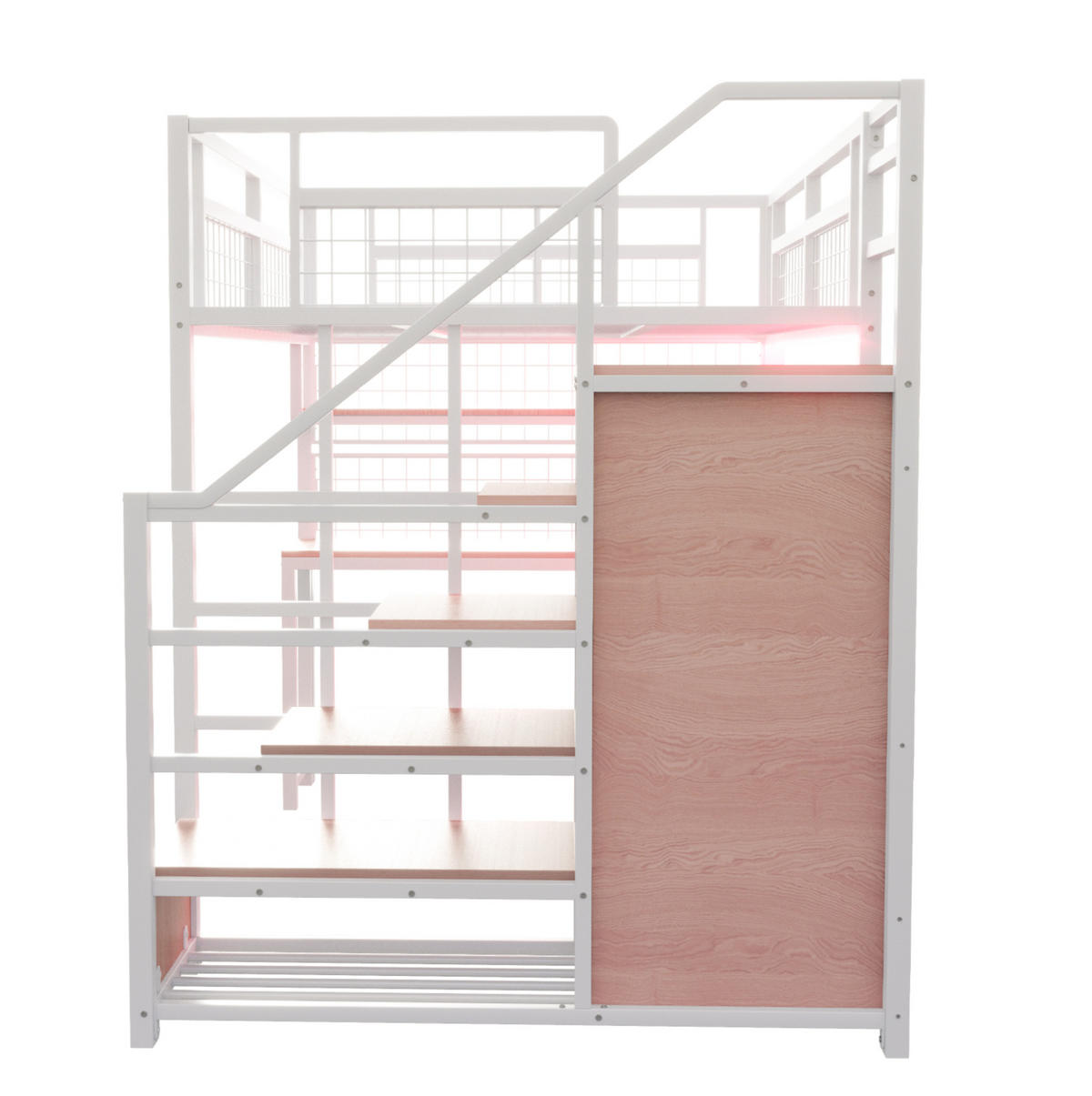 VISOKI krevet 140/200 cm s radnim stolom, policama i spremištem u stepenicama, LED rasvjetom i utičnicom, Bijela - bijela, drvni materijal (140/200cm) - Redom