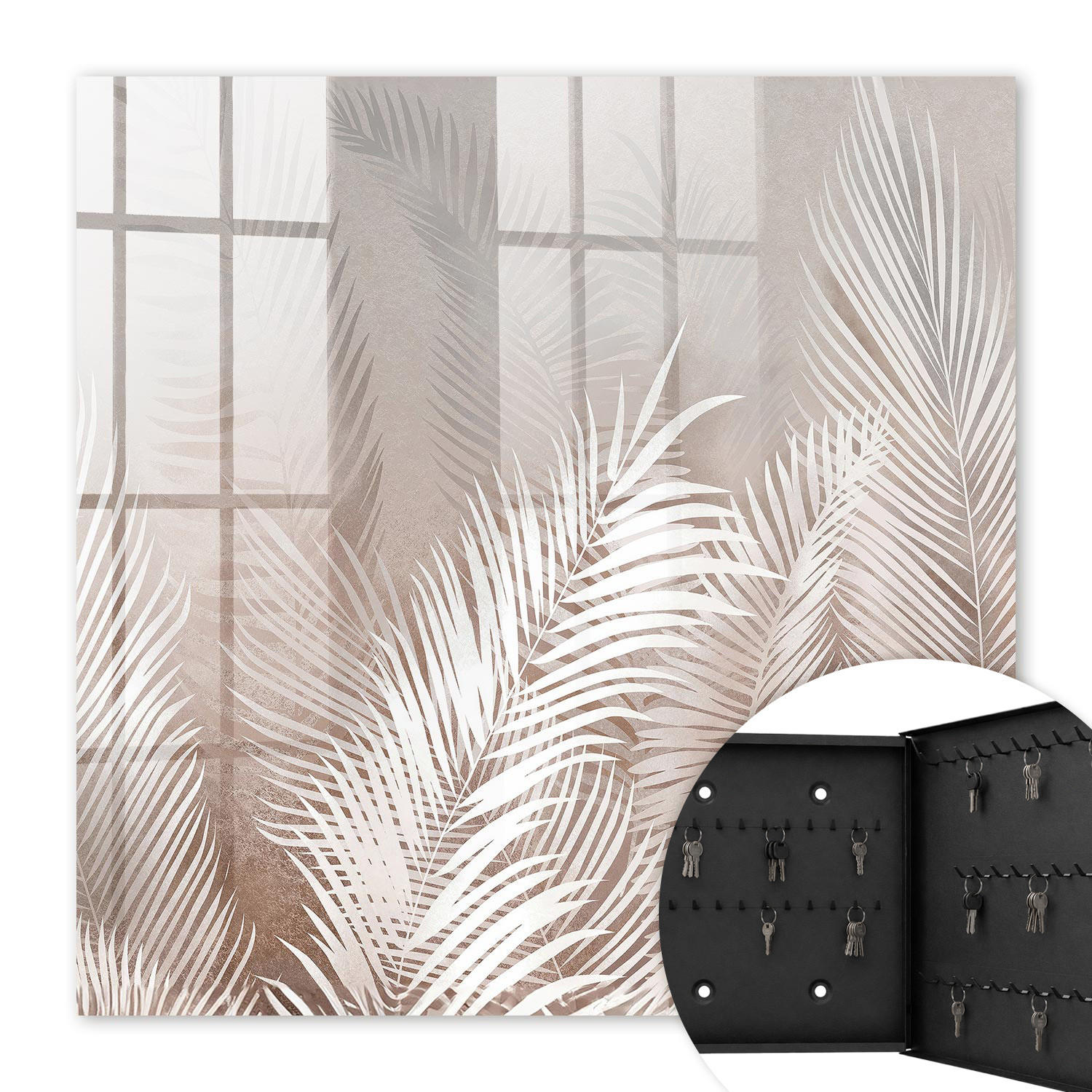 SCHLÜSSELBOX Schwarz 30x30 cm- Türöffnung nach rechts - Blätter der Eleganz - Beige, Metall (30/30/5cm) - TULUP