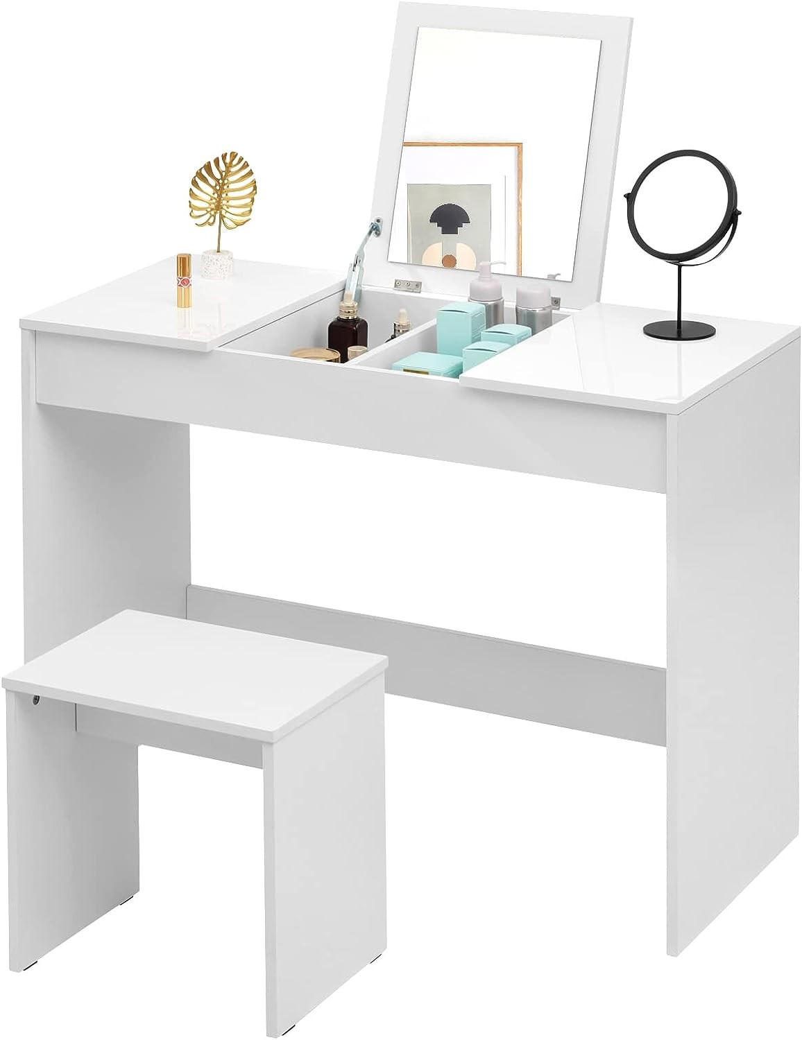 SCHMINKTISCH mit Hocker und klappbar Spiegel, Weiß - Weiß, Holzwerkstoff (100/76/45cm) - Woltu