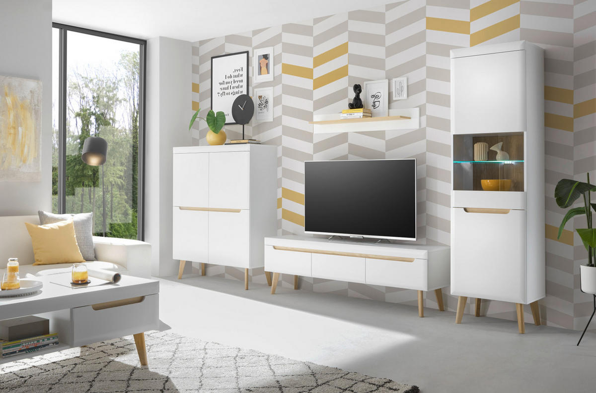 WOHNWAND 4-teilig weiß matt, Eiche, skandinavisch 360 cm, Schrankwand mit Soft-Close-Funktion - Eichefarben/Weiß, Glas/Eichenholz (360/197/40cm) - Furn.Design