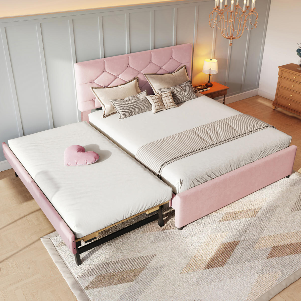 POLSTERBETT mit Rollbett 140x200 cm Samt Pink - Pink, Metall (140/200cm) - Meubliv