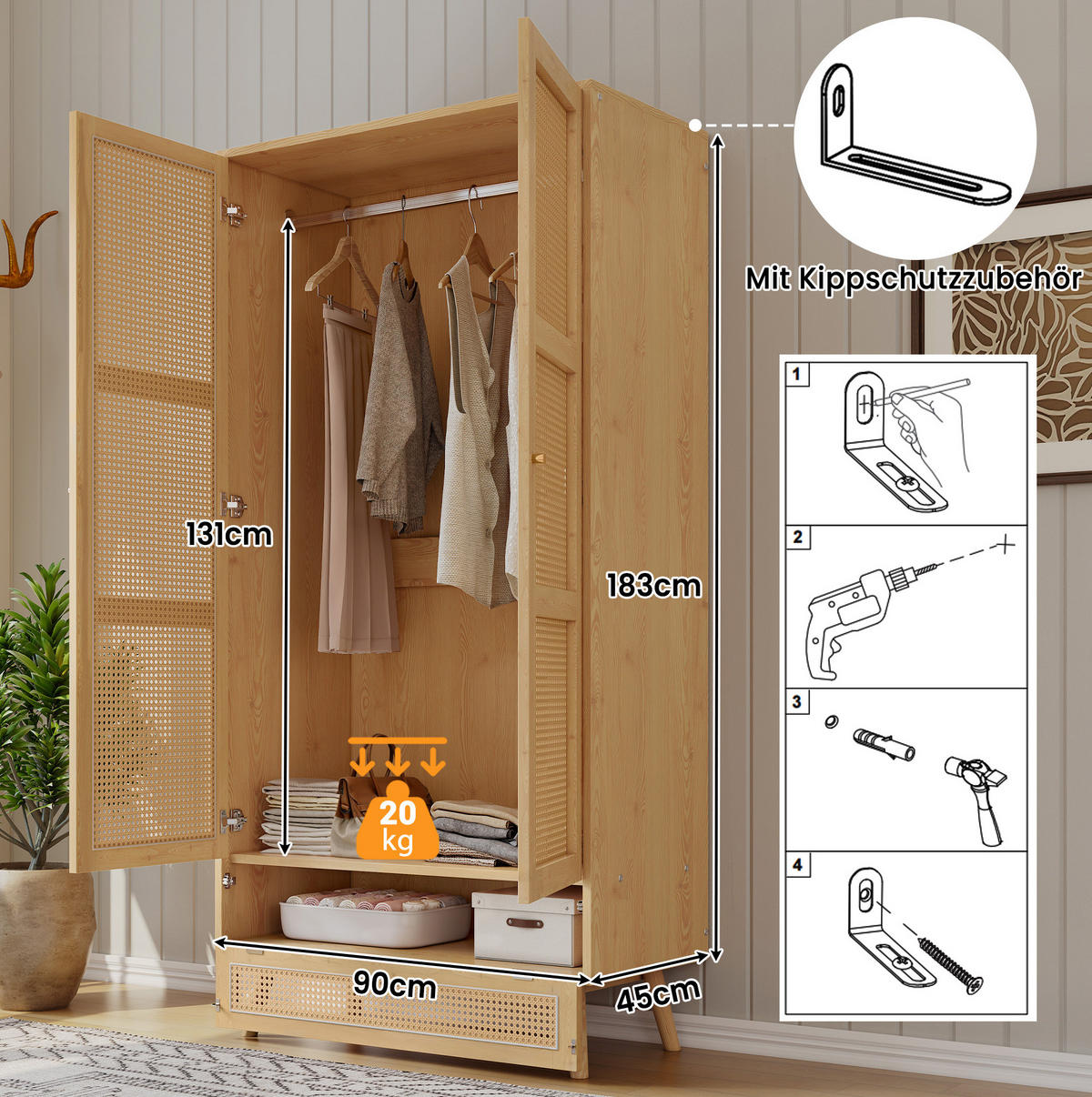 KLEIDERSCHRANK mit Kleiderstange & Rattan-Optik, 90/45/183 cm, Natur - Naturfarben, Holz (90/183/45cm) - Redom