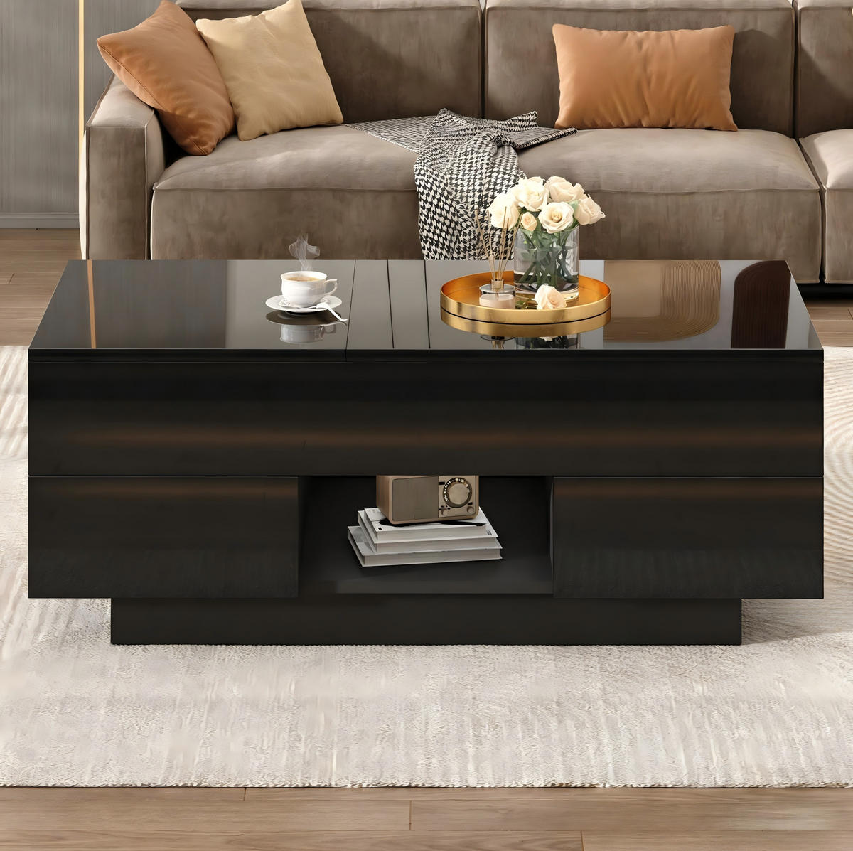 COUCHTISCH aus Spanplatte 100x45x43 cm in Schwarz mit LED & Höhenverstellung - Schwarz, Holzwerkstoff (100/45/43cm) - Modfu
