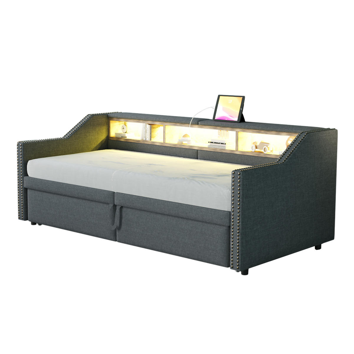 SCHLAFSOFA 90/200 cm mit Ausziehbett, LED, USB und 3 Ablagefächern, Dunkelgrau - Dunkelgrau, Textil (102/74/214cm) - Redom