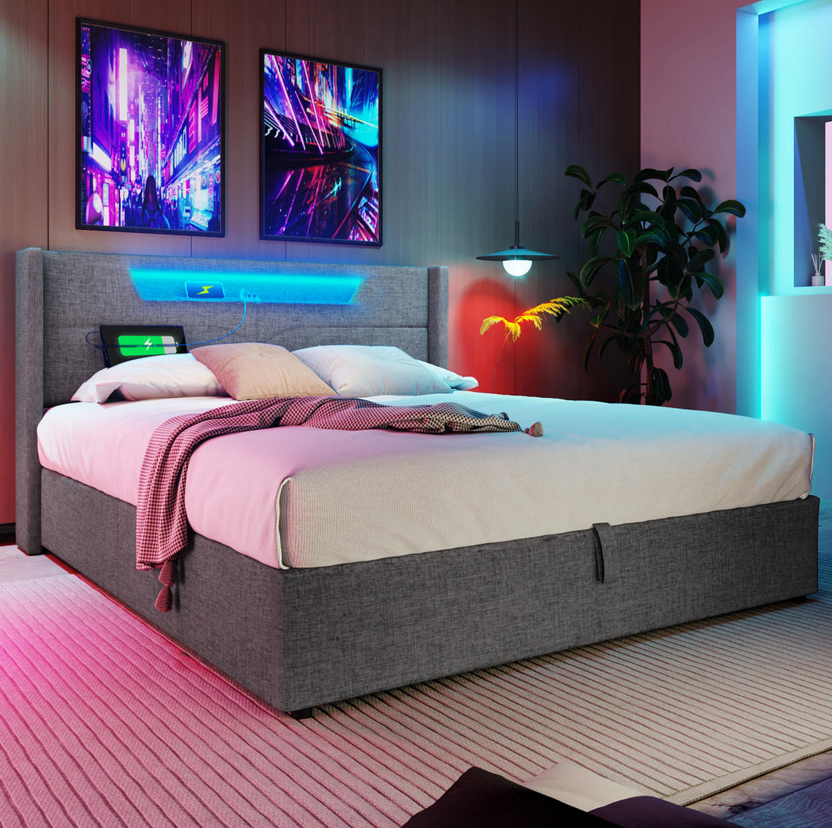 POLSTERBETT 160/200 cm Grau mit LED-Beleuchtung und USB-Anschlüssen - Grau, Textil (160/200cm) - OKWISH