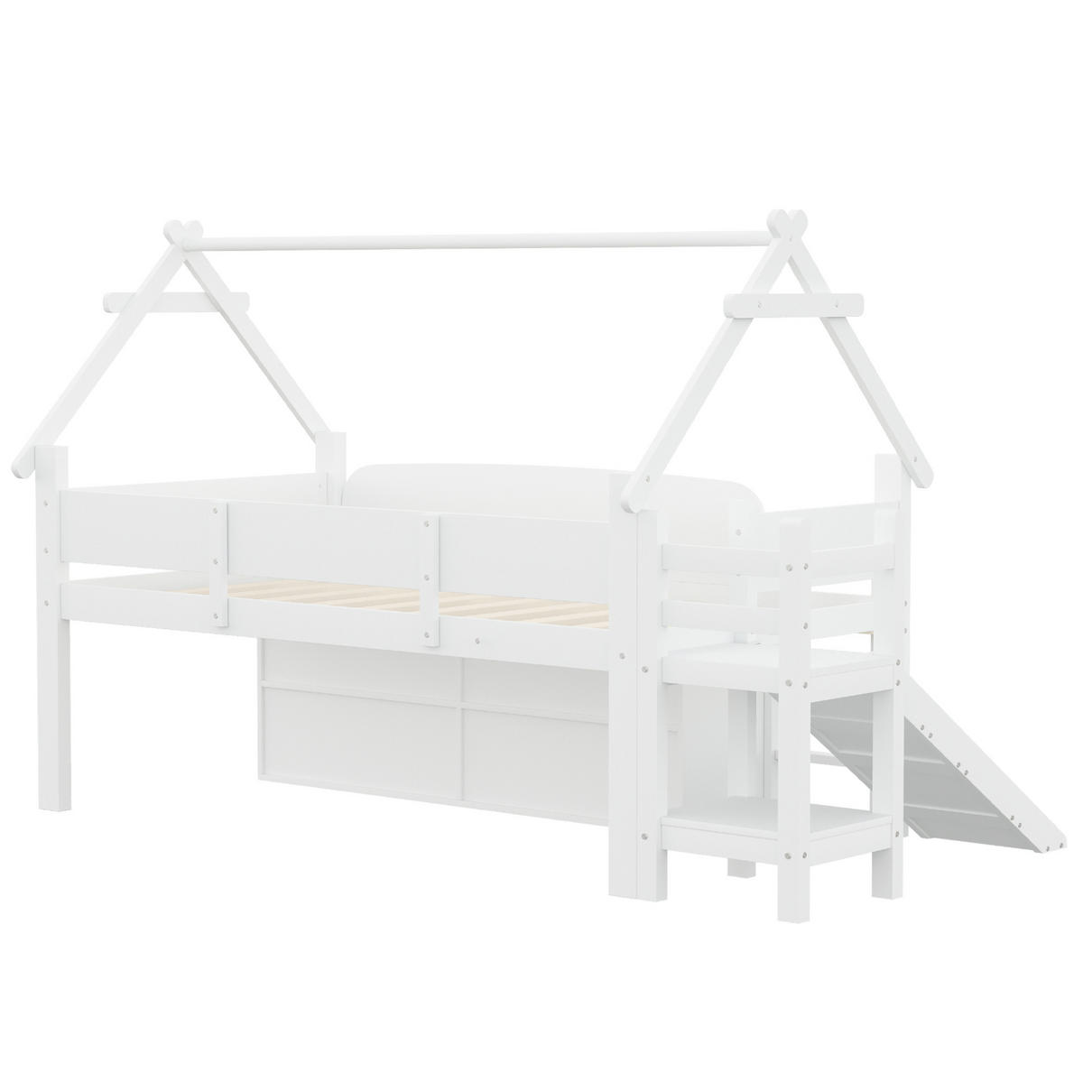 KINDEREINZELBETTEN aus Massivholz 90x200 cm in Weiß mit Rutsche & Stauraum - Weiß, Holz (90/200cm) - Modfu
