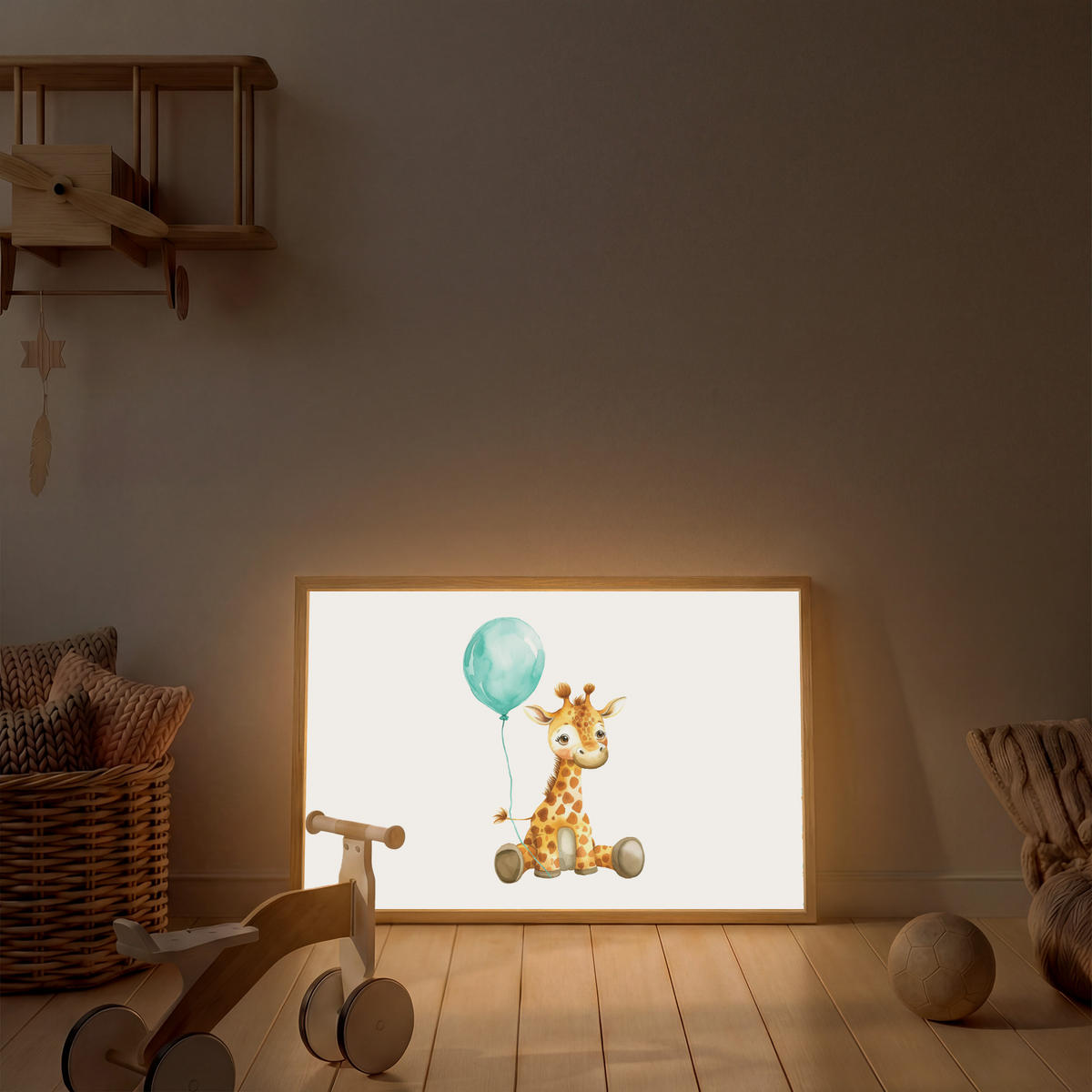 NACHTTISCHLAMPE MIT AKKU Giraffe - Baby - Tiere - Blauer Ballon 90x60 cm - Weiß, Holzwerkstoff (8/90/60cm) - OnlyWow