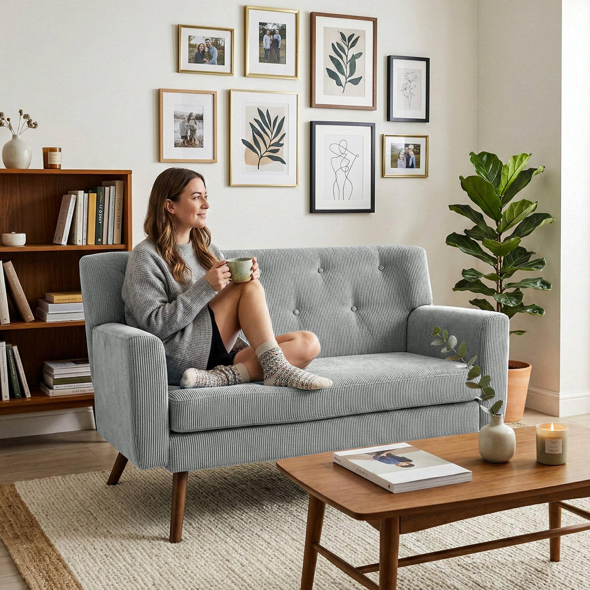 SOFA Arne Cord 2-Sitzer 120x74x81cm Cord Grau Couch - Grau, Kunststoff (120/81/74cm) - DELUKE