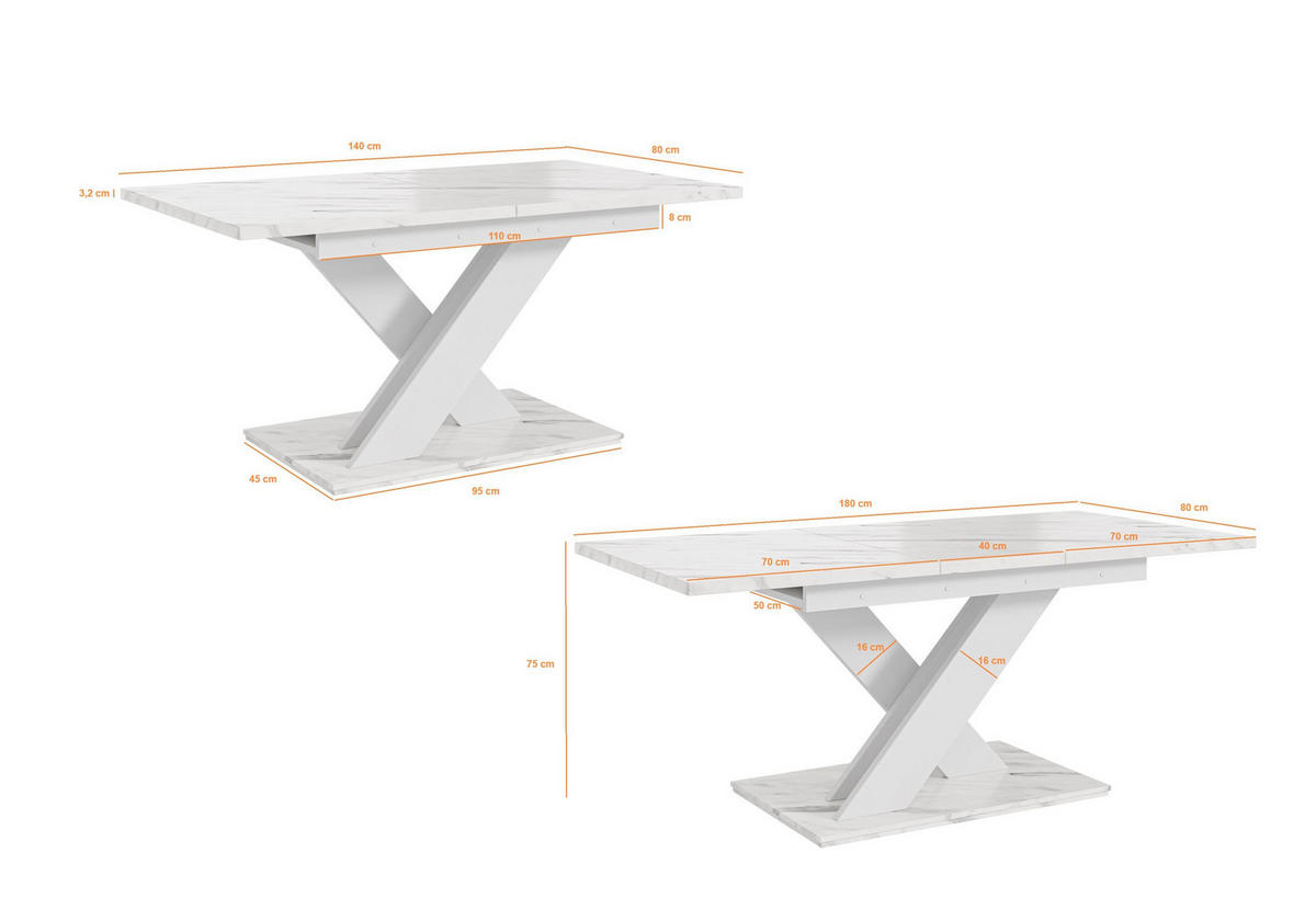 ESSTISCH Ausziehbar 140-180 cm Weiß Marmor-Optik - Weiß, Holzwerkstoff (180/80/75cm) - Home Collective