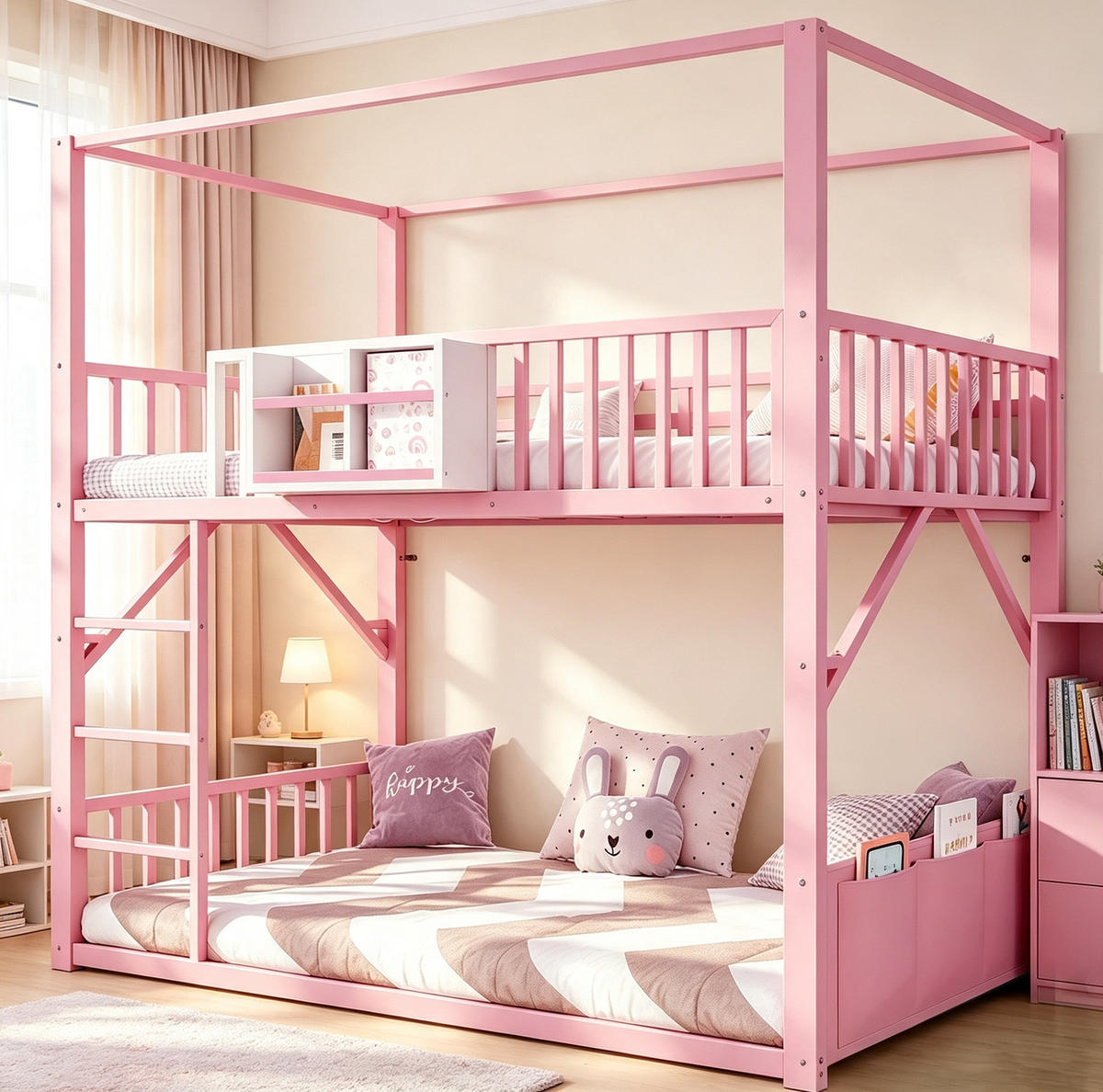 ETAGENBETT aus Metall und MDF 90x200 cm Rosa mit Dachkonstruktion, Regal und Seitentasche - Pink, Metall (90/200cm) - Modfu