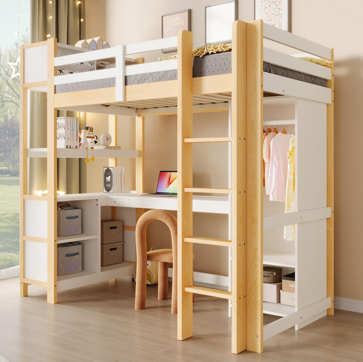 VISOKA postelja 90/200 cm bela/naravna z mizo, policami in omaro iz bora in MDF - naravne barve, leseni material (90/200cm) - OKWISH