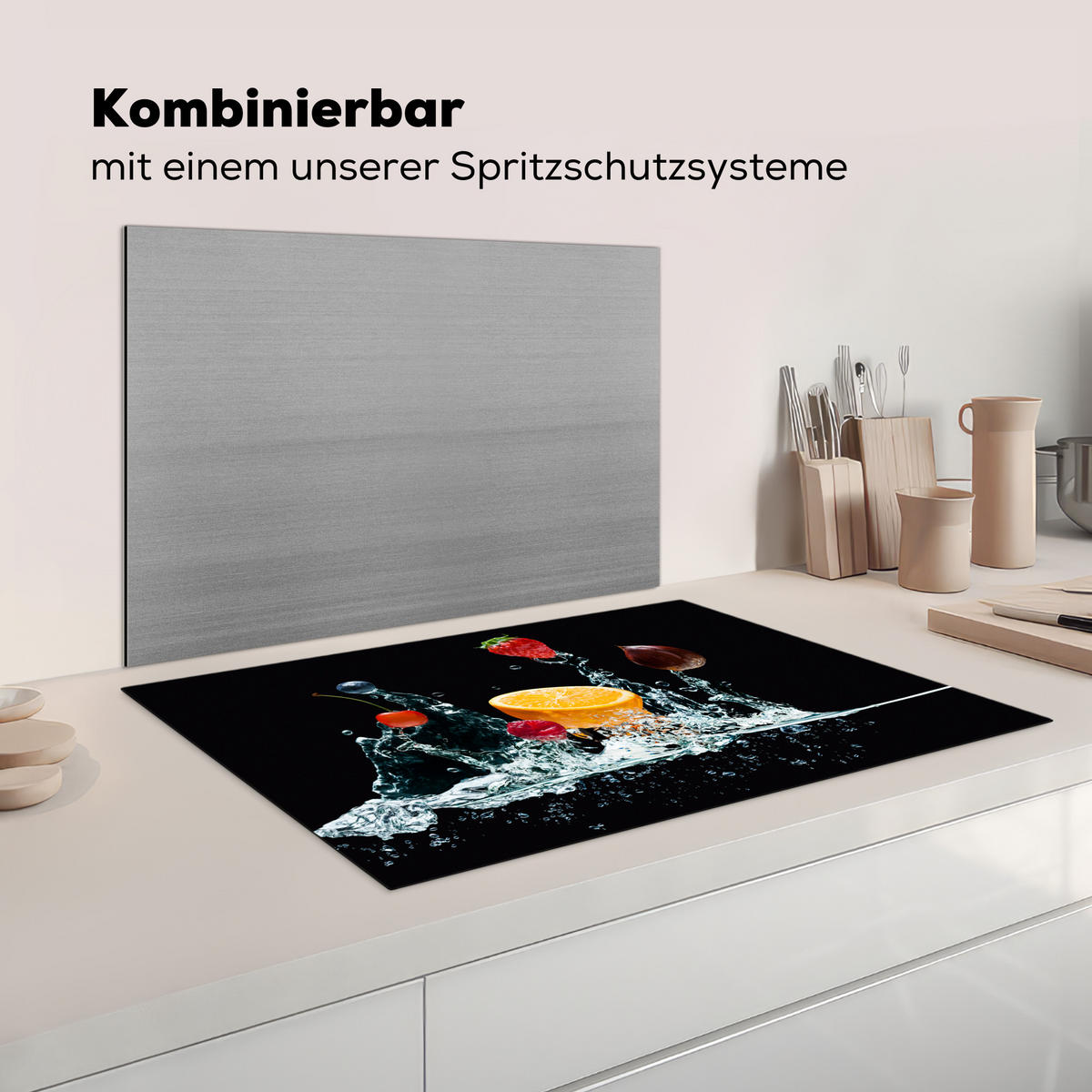 KRYT NA INDUKČNÍ DESKU Voda - Ovoce - Pomeranč - Jahoda - Třešeň - Černá 81.2x52 cm - pomerančová, plast (81.2/52/0.2cm) - MuchoWow