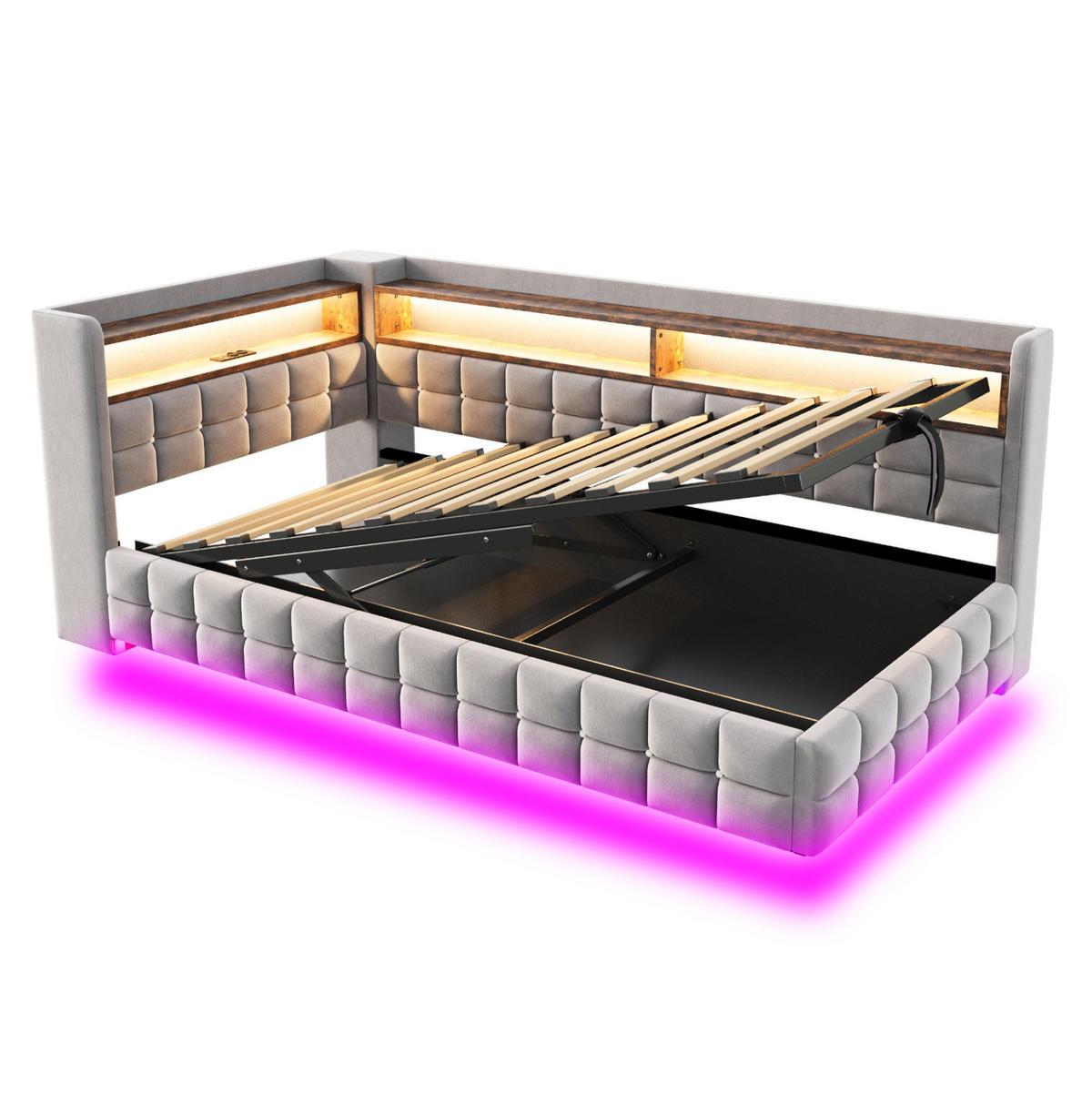 POLSTERBETT aus Samtstoff 90x200 cm Hellgrau mit LED-Beleuchtung, USB-, Typ-C-Anschluss, Steckdose und hydraulischem Stauraum - Hellgrau, Textil (90/200cm) - Modfu