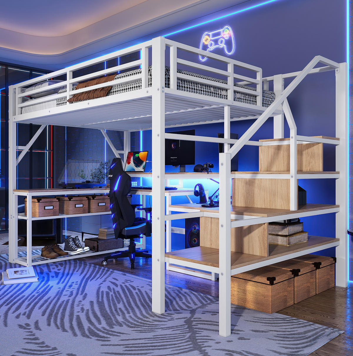 HOCHBETT aus Metall 140x200 cm Weiß mit LED-Lichtleiste, USB-Anschluss, Schreibtisch und Treppe mit Stauraum - Weiß, Metall (140/200cm) - Modfu