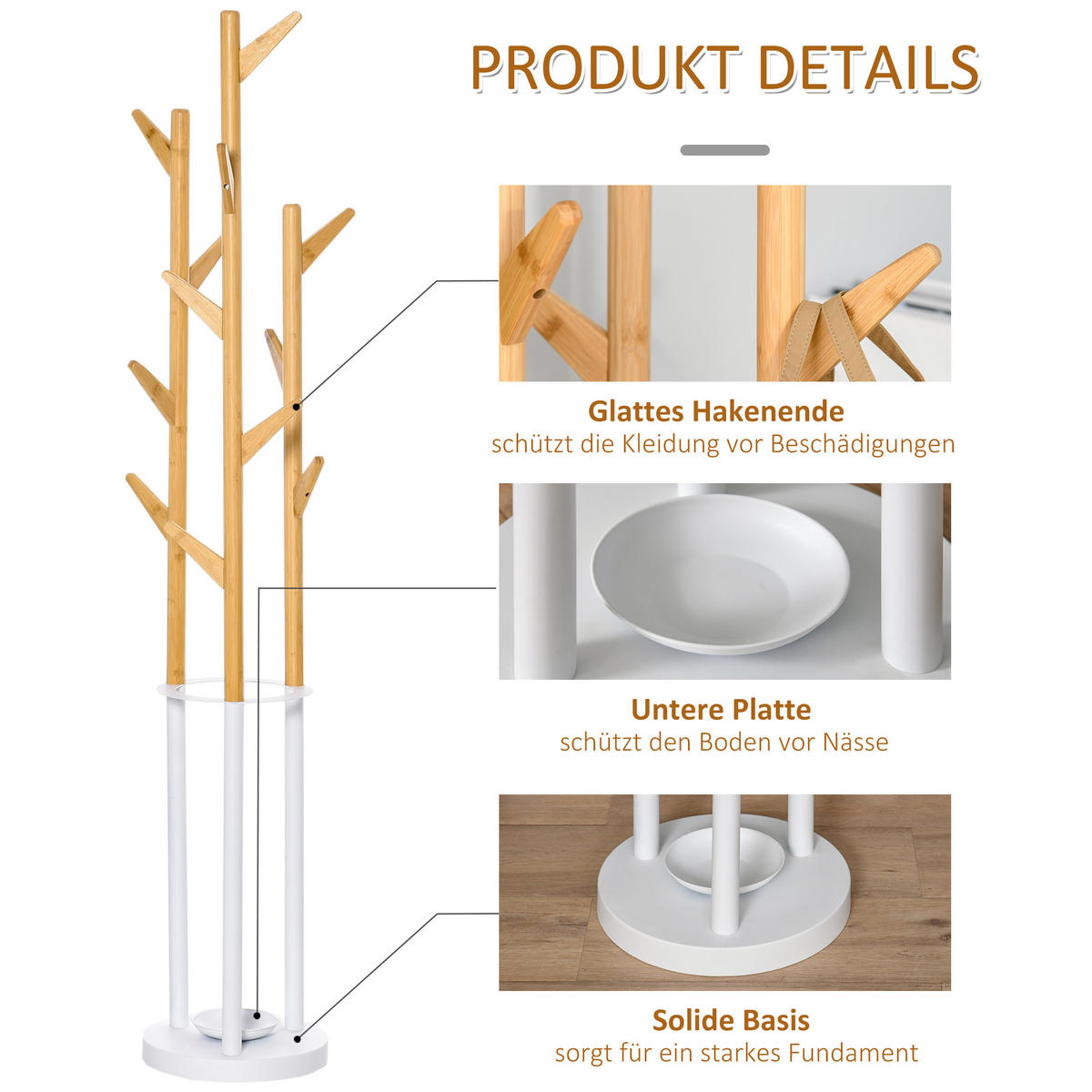 GARDEROBENSTÄNDER mit 12 Haken, Natur+Weiß 30,5 x 30,5 x 174,5 cm - Naturfarben, Naturmaterialien (30.5/174.5/30.5cm) - HOMCOM