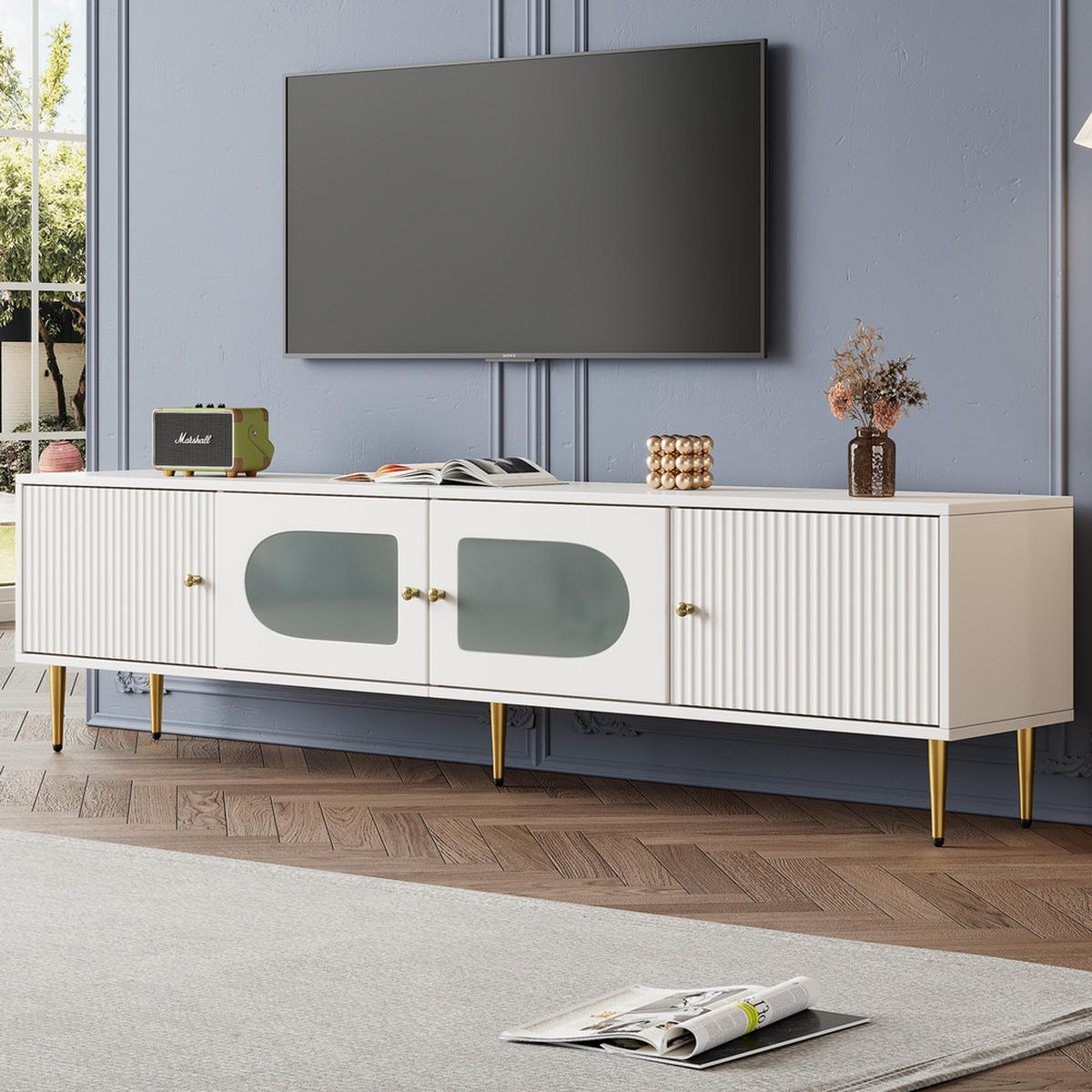 TV-SCHRANK 170x35cm Weiß mit goldenen Beinen & Griffen 4 Türen 35KG - Weiß, Holz (45/23.5/95cm) - FLIEKS