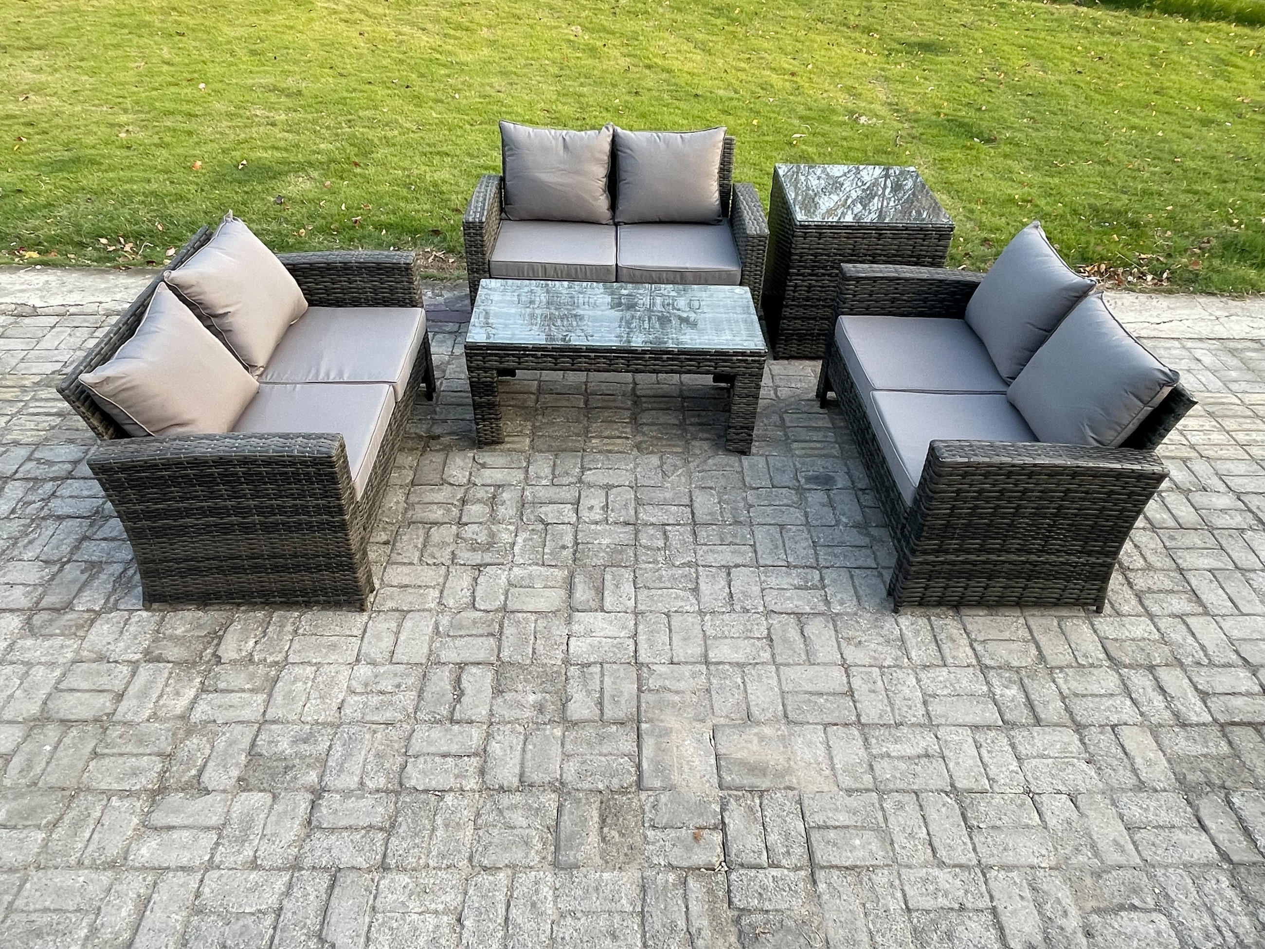GARTENMÖBEL-SET MIT COUCHTISCH 2-SITZER SOFA BEISTELLTISCH Polyrattan Dunkelgrau Gemischt 6-Sitzer - Dunkelgrau, Metall - Fimous