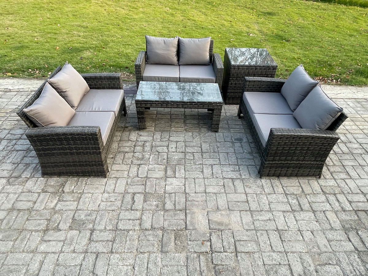 GARTENMÖBEL-SET MIT COUCHTISCH 2-SITZER SOFA BEISTELLTISCH Polyrattan Dunkelgrau Gemischt 6-Sitzer - Dunkelgrau, Metall - Fimous