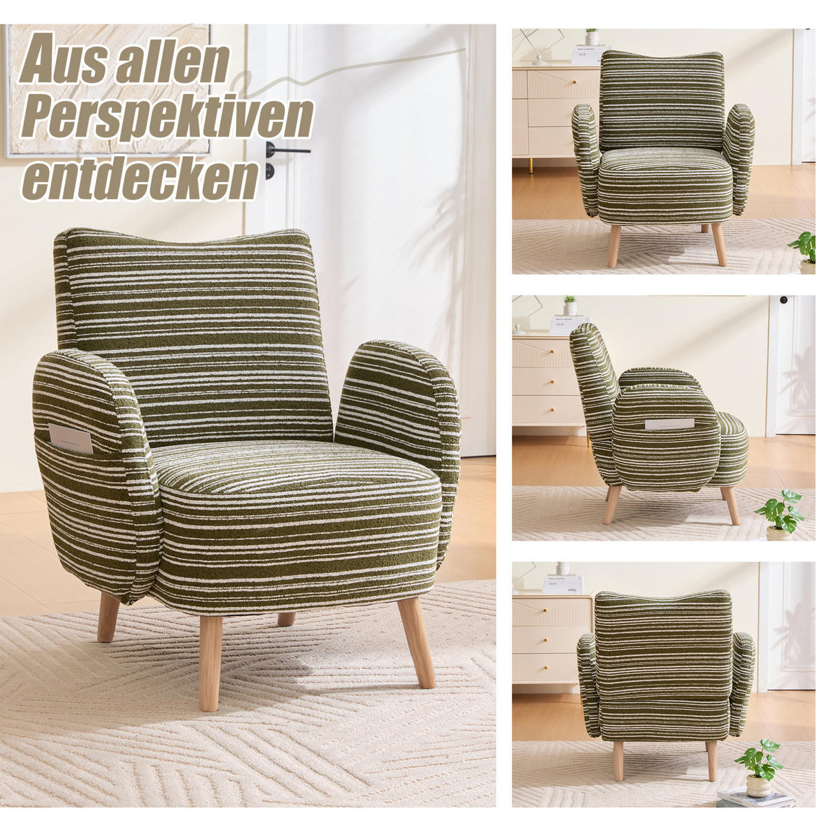 SESSEL 77/81/87 cm in Olivgrün aus Bouclé mit Seitentasche - Olivgrün, Textil (77/87/81cm) - BEAOK