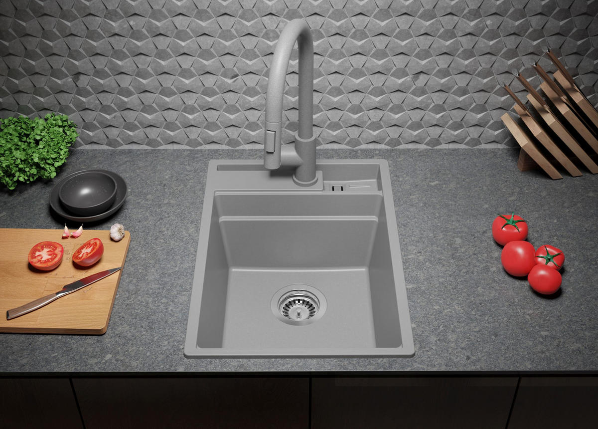 SPÜLBECKEN Oslo Pocket, 2-er set Grau 38/53 cm 1 Becken + Ablauf-Set + Küchenzubehörset ab 40er Unterschrank - Chromfarben/Beige, Kunststoff (38/20/53cm) - Primagran