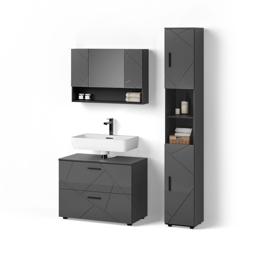 BADMÖBEL-SET Ronco Anthrazit Hochglanz 3 Teile, mit Spiegelschrank 80 cm - Schwarz Hochglanz/Anthrazit, Holzwerkstoff (41/80/58cm) - Livinity®