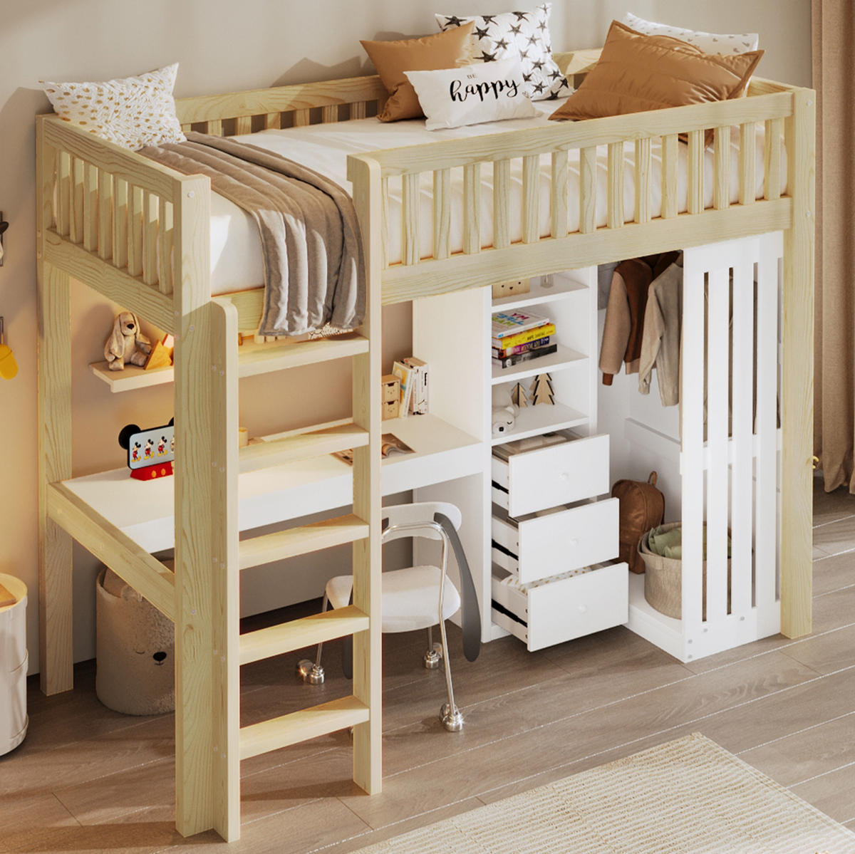 HOCHBETT 90/200 cm Natur aus Kiefernholz und MDF mit Schreibtisch und Stauraum - Naturfarben, Holz (90/200cm) - OKMYHOME