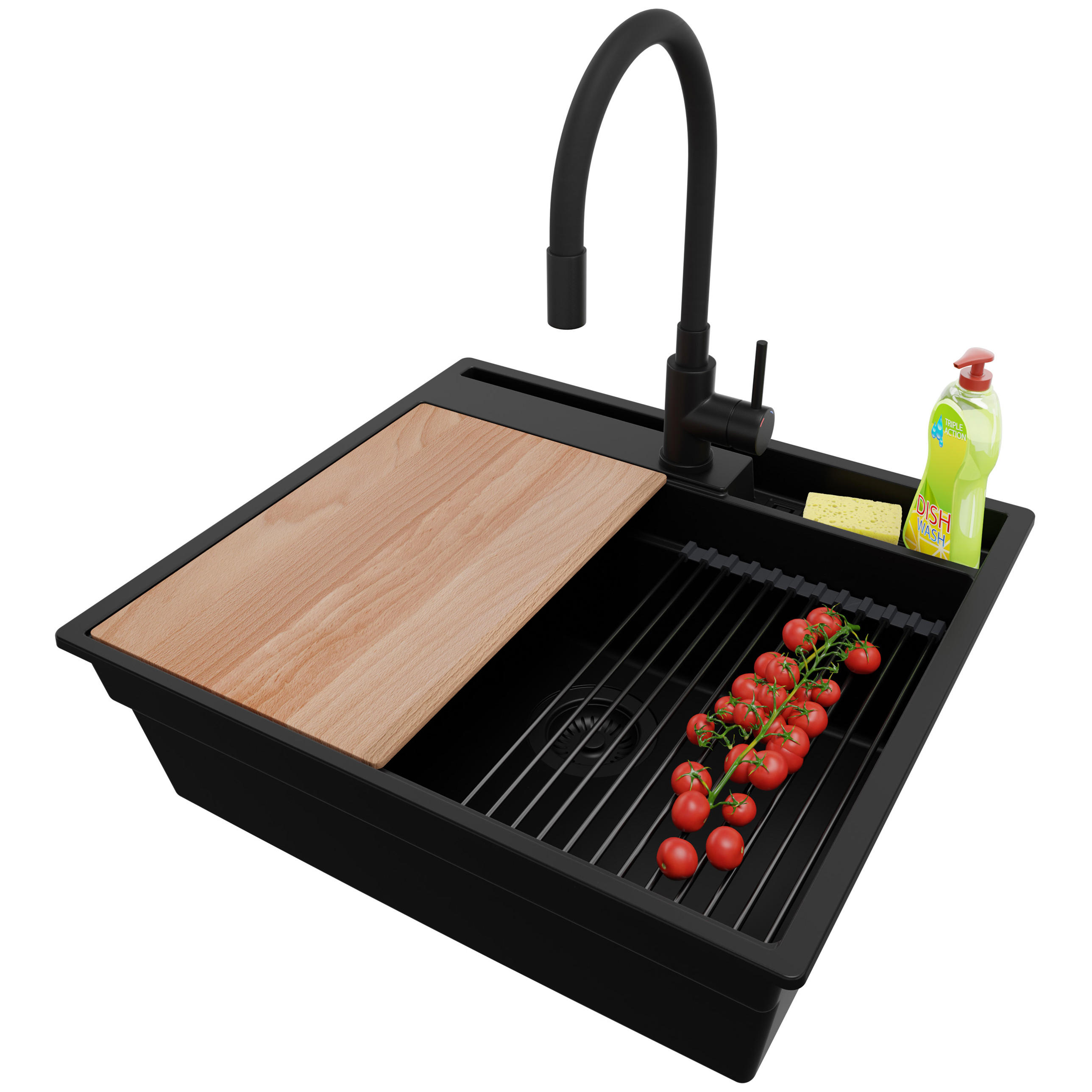 GRANITSPÜLE Oslo Pocket, 2-er set Alles Schwarz 58/53 cm 1 Becken + Küchenarmatur 40/38 cm + Ablauf-Set + Küchenzubehörset ab 60er Unterschrank - Beige/Schwarz, Kunststoff (58/20/53cm) - Primagran