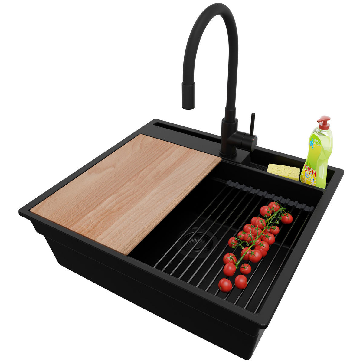 GRANITSPÜLE Oslo Pocket, 2-er set Alles Schwarz 58/53 cm 1 Becken + Küchenarmatur 40/38 cm + Ablauf-Set + Küchenzubehörset ab 60er Unterschrank - Beige/Schwarz, Kunststoff (58/20/53cm) - Primagran