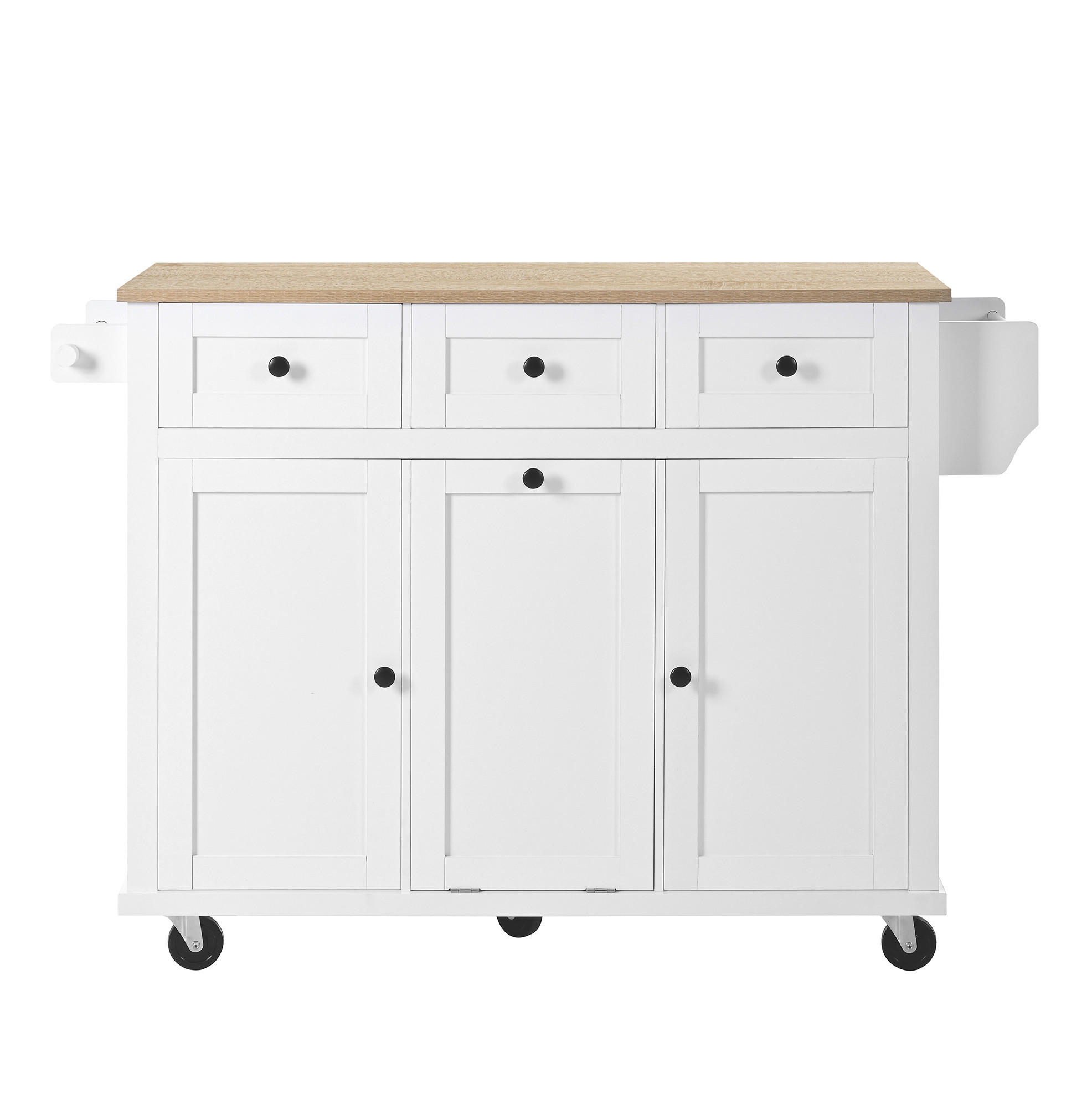 Modfu KUCHYŇSKÝ ostrůvek z MDF 112x76x92 cm bílá a přírodní s kolečky, výsuvnou deskou a přihrádkou na odpad