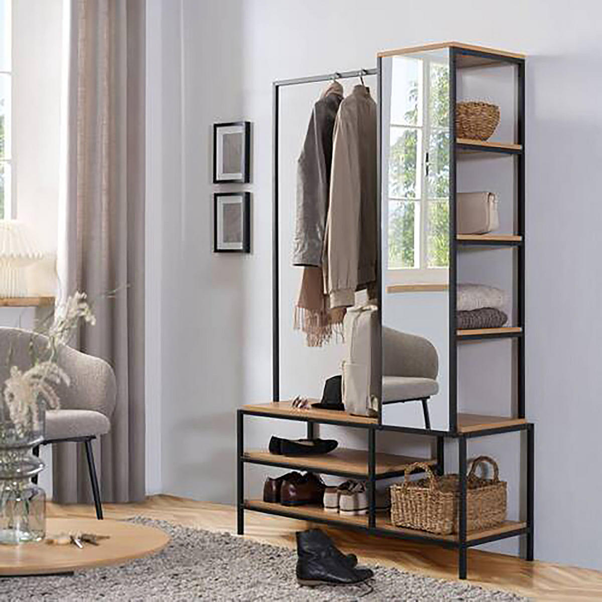 GARDEROBE mit Spiegel - Eiche Dekor / Schwarz - Eichefarben/Schwarz, Holzwerkstoff/Metall (110/177/40cm) - home24