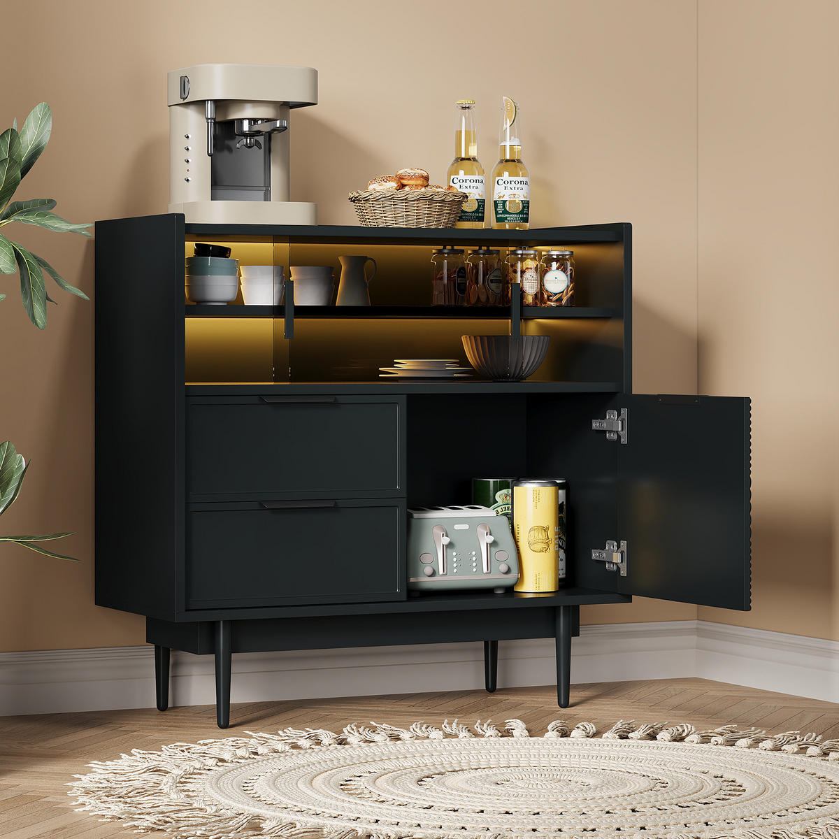 SIDEBOARD 80/35/80 cm mit Glasschiebetür, einstellbarer 16-Farben LED-Leiste, MDF, Schwarz - Schwarz, Holzwerkstoff (80/80/35cm) - Redom