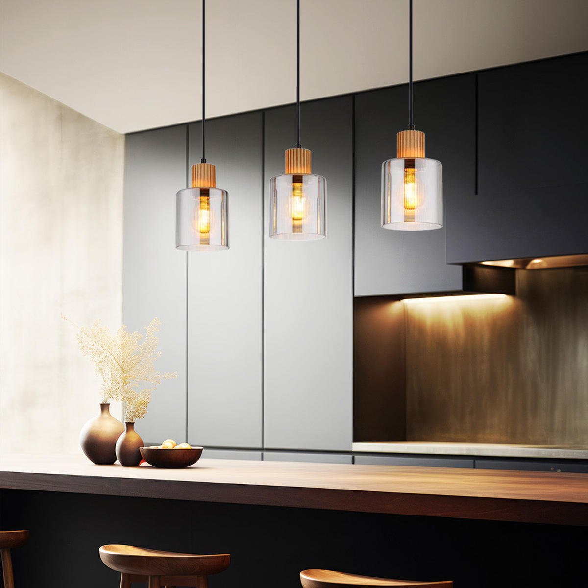 LED HÄNGELEUCHTE Metall Holzoptik Schwarz - Schwarz, Holz (64/12/120cm) - Globo Lighting