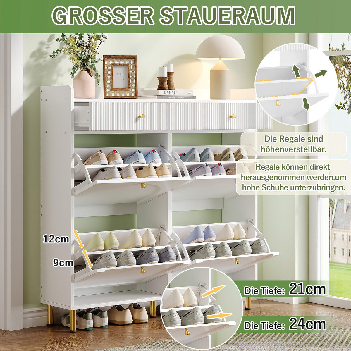 SCHUHSCHRANK 106,5/25/105,5 cm mit 4 Klappen, 2 Schubladen, Kippsicherung und Metallgriffen, MDF/Spanplatte, Weiß - Weiß, Holzwerkstoff (106.5/105.5/25cm) - Redom